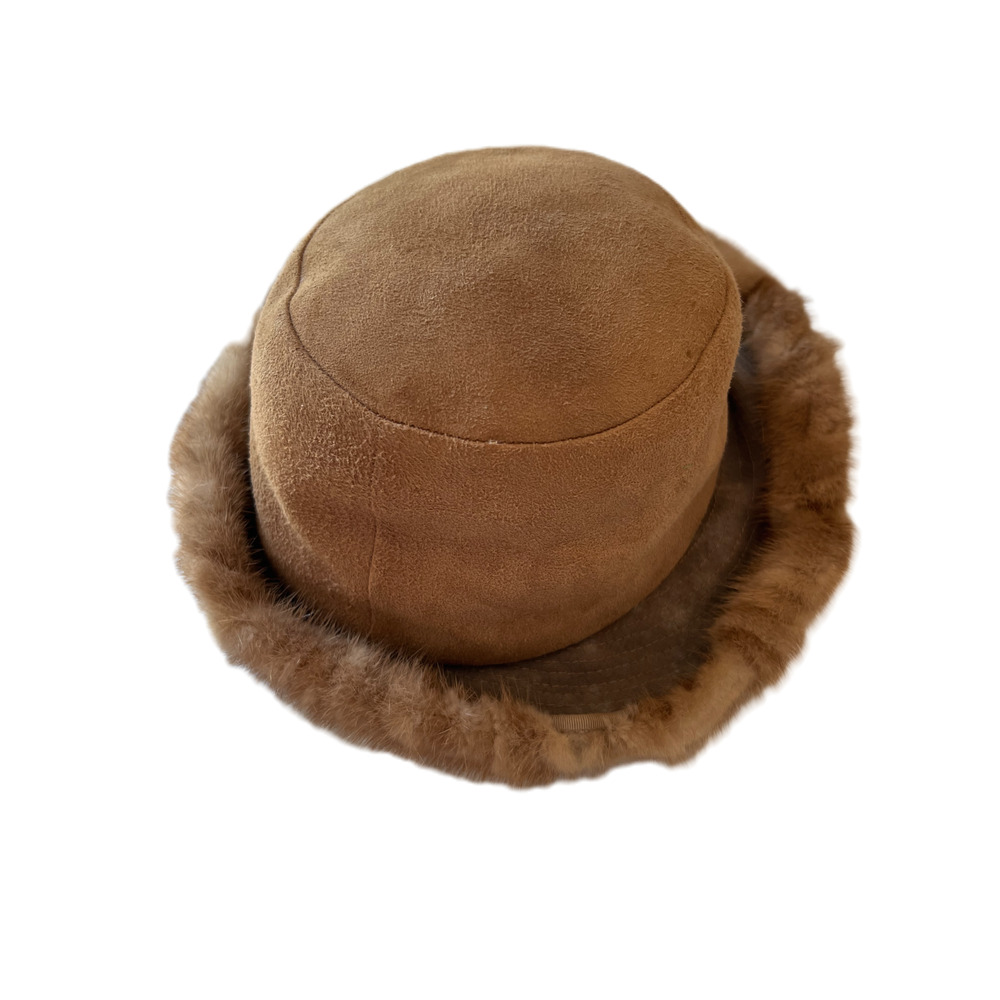 Vintage Genuine Fur Trim Leather Winter Bucket Hat Beige Size 22 Cold Weather - Picture 3 of 5